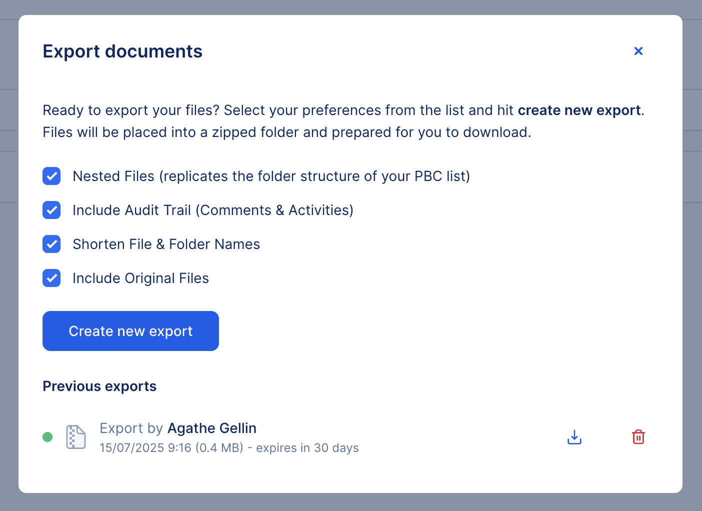 Auditi export dialog for creating a structured document package.